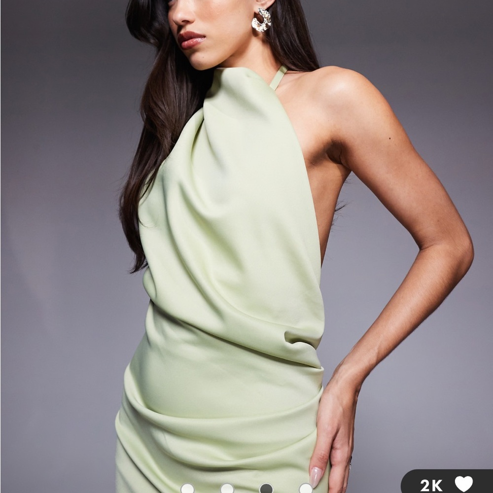 Asymmetric Halter Midi Dress in Light Green - Picture 2 of 4